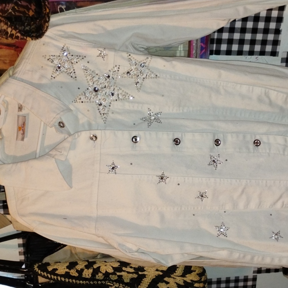 Jean jacket with rinestones and pearls beautiful jewel work on this